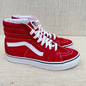 Vans Original Sk-8 Hi Shoe, Racing Red and White Leather Suede, Unisex, M6, W7.5